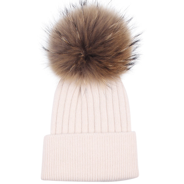 FURTALK Kids Winter Real Fur Pom Pom Hats Double Poms Drop shipping SF