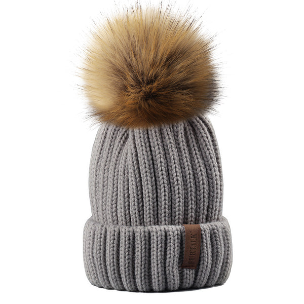 FURTALK Kids Winter Real Fur Pom Pom Hats Double Poms Drop shipping SF