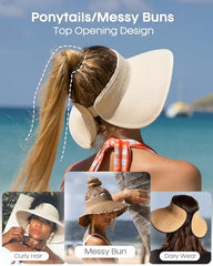 FURTALK Women Sun Visor Wide Brim Ponytail Straw Hat Drop Shipping SH054