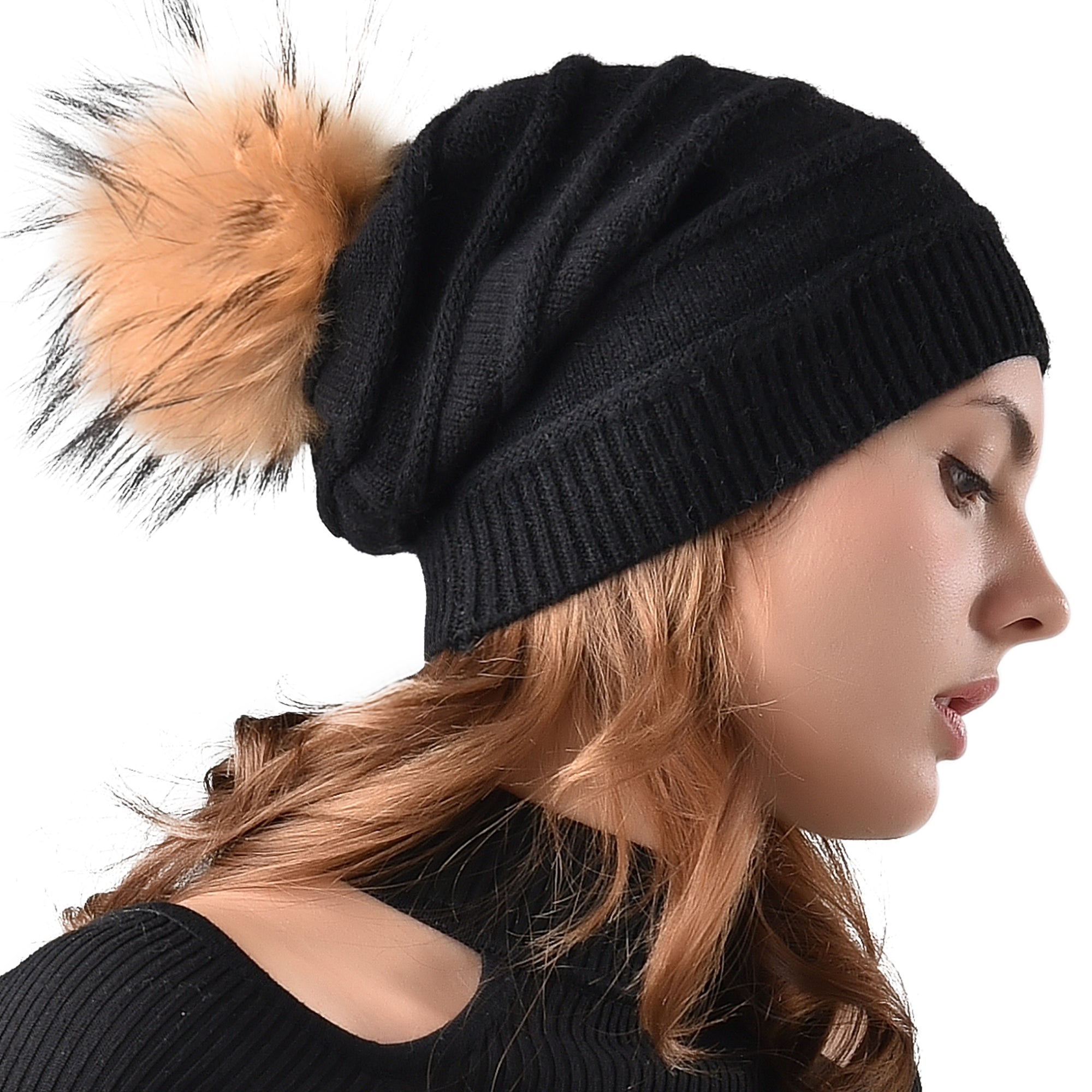 FURTALK Womens Winter Beanie Hat Satin Lined Faux Fur Pom Pom Beanies Hat  for Women Winter Warm Knit Hats