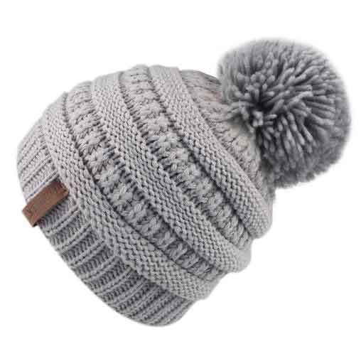 EHTMSAK Warm Beanie Hat Winter Beanie Hat Cable Knit Faux Fur Pompom Chunky  Pompom Winter Warm Skull Hat Ski Cap Gray Free Size