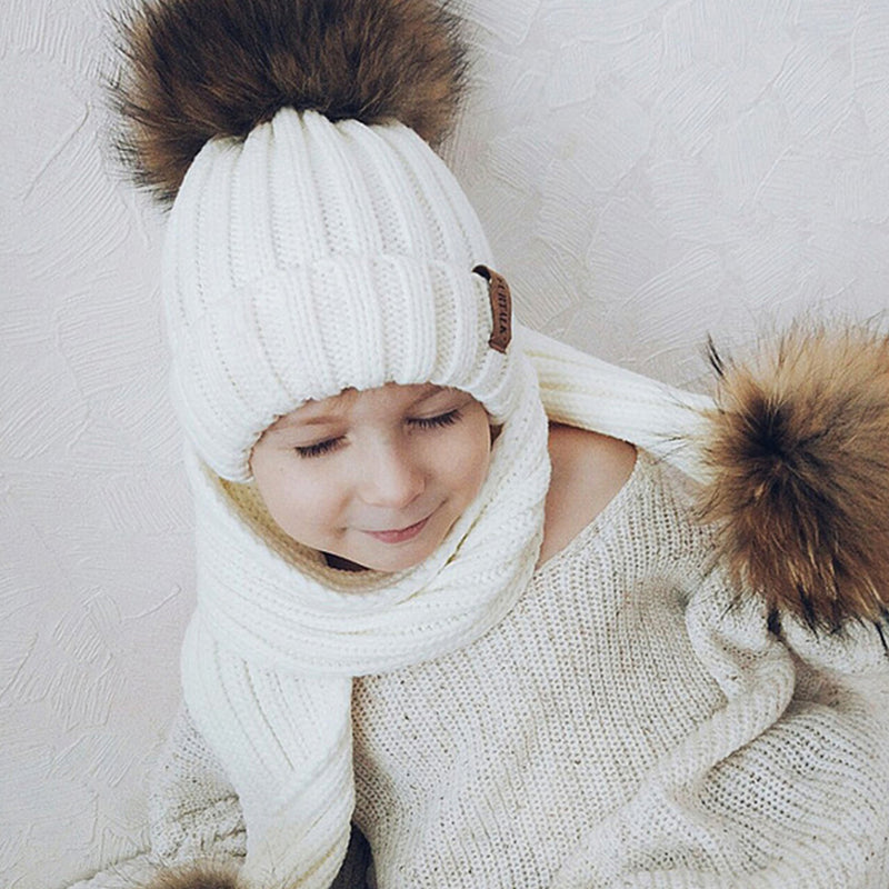 FURTALK Kids Winter Real Fur Pom Pom Hats Double Poms Drop shipping SF