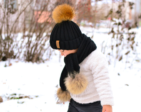 Beanie Pom Pom Hat, Khaki with Fur / Kid